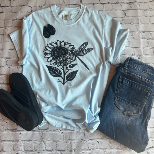 Sunflower Dragonfly Graphic Tee - Soft Baby Blue