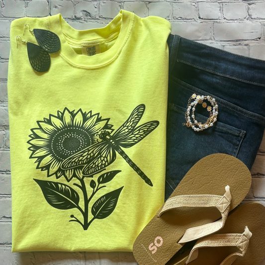 Sunflower Dragonfly Graphic Tee - Neon Lemon