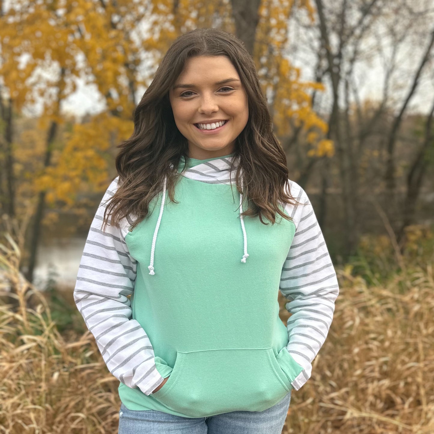 Madi Double Hood Pullover - Teal / White Stripes