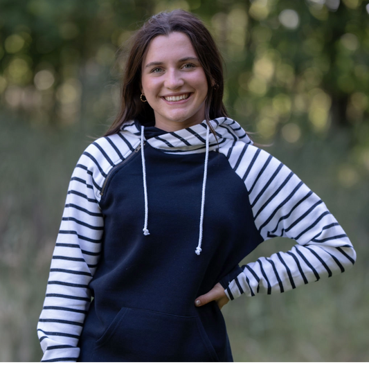 Madi Double Hood Pullover - Navy / White Stripes