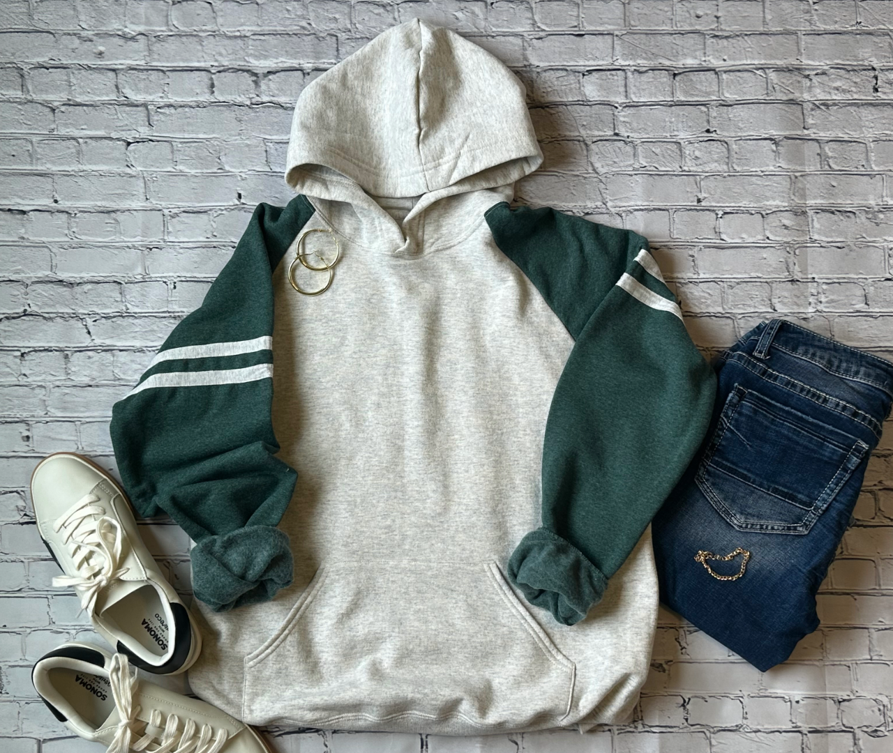 Sophie Pullover Hoodie - Oatmeal Forest Green