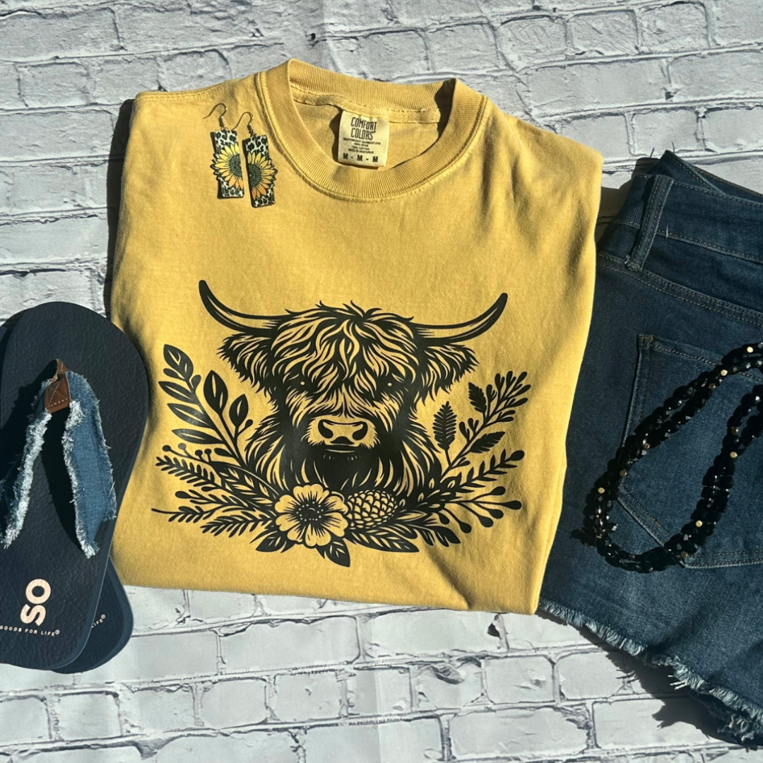 Highland Cow Graphic Tee - Mustard