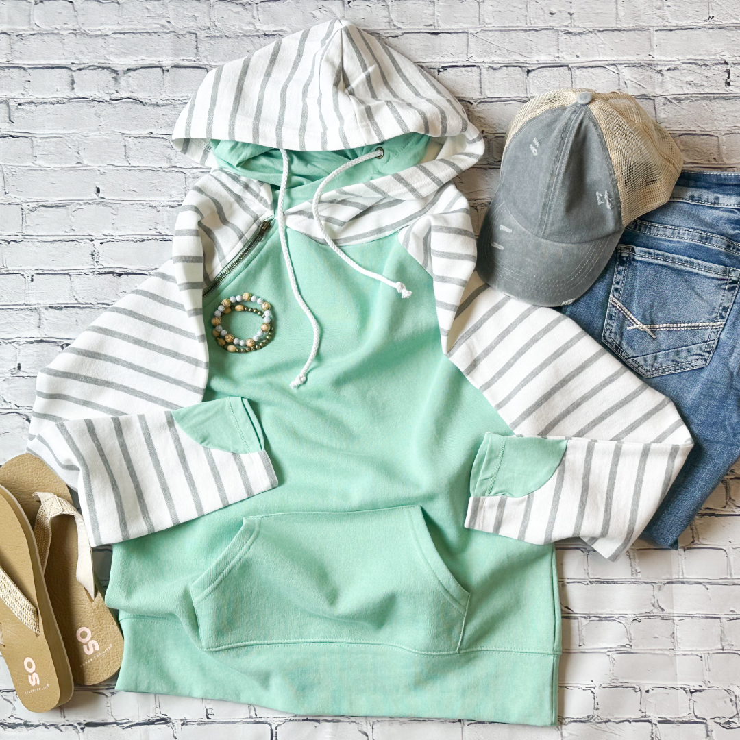 Madi Double Hood Pullover - Teal / White Stripes