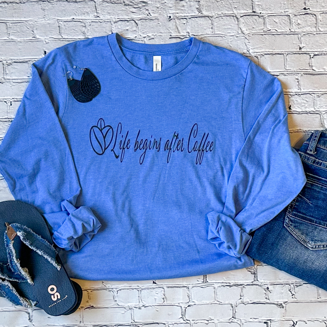 Life Begins After Coffee Long Sleeve Graphic Tee - Columbia Blue